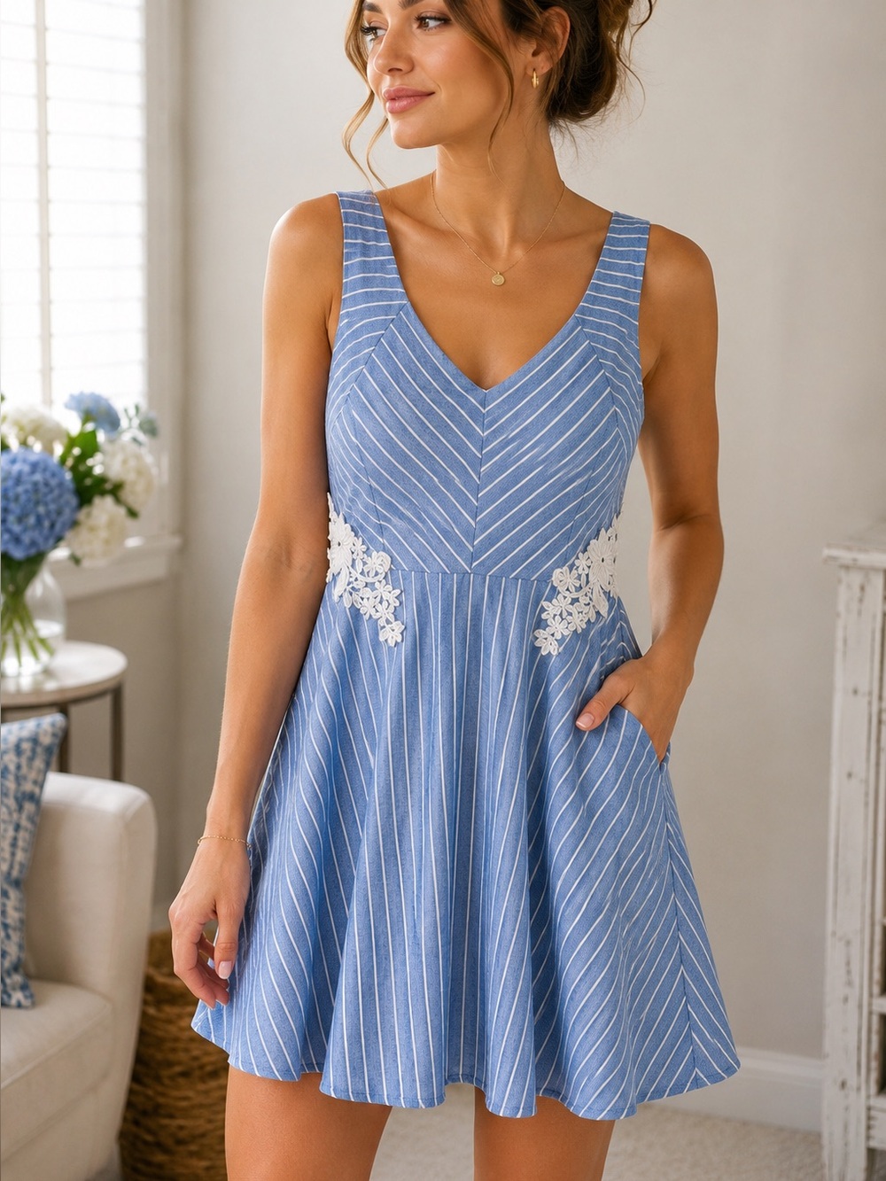 MIAMI | Chambray Striped Dress with Lace Accents | size Medium